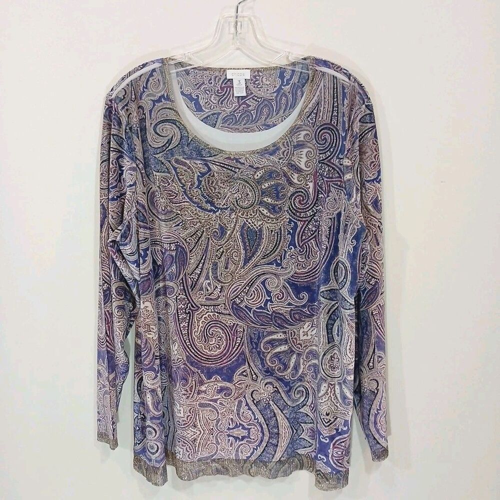 Chico's Velvet Paisley Crinkle Hem Top Velour Gems Metallic Sz XL 3